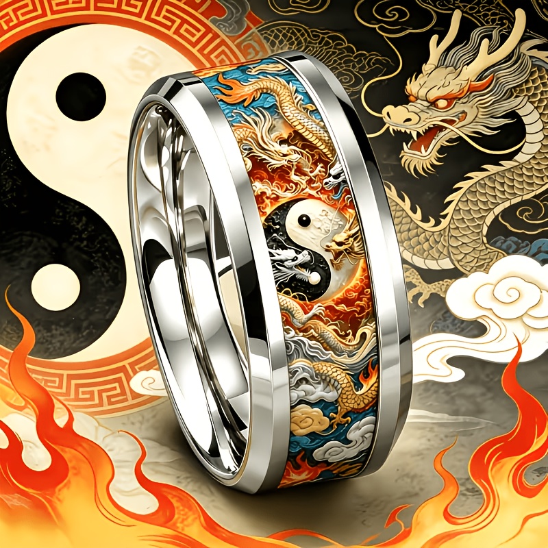 Taiji Nine Dragons Enamel Stainless Steel Ring